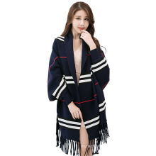 2017 Winter solid color striped turkish pashmina shawl indian fake cashmere tassel shawls ponchos for women with cuff